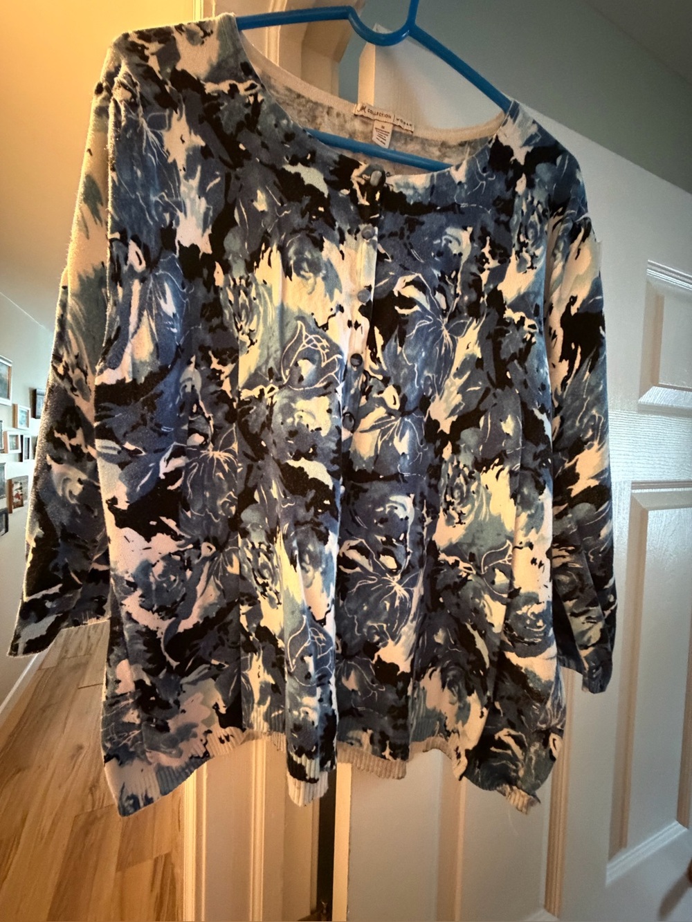 JM Collection Abstract Blue Floral Button-Front Cardigan Sweater 3/4 sleeves